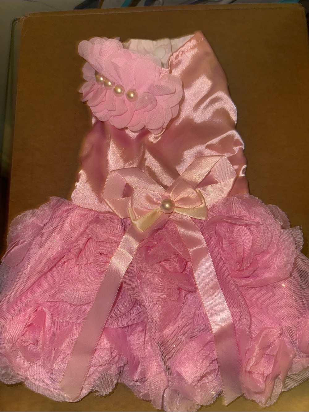 Puppy Pink Satin & Tulle Flower Dress with Pearl Accents